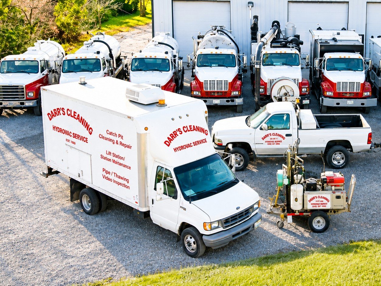 Darr's Cleaning, Inc. fleet lined up at the yard: vacuum trucks, jetters, camera inspection unit and support vehicles